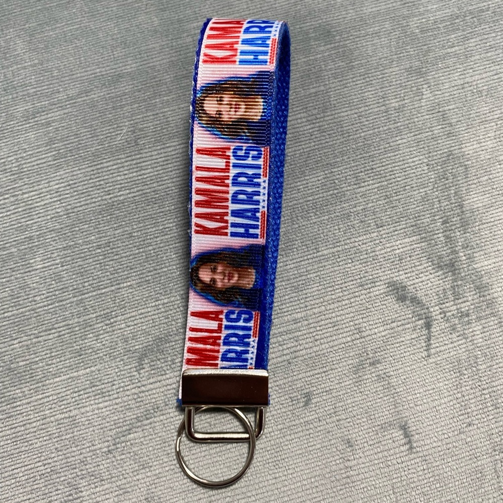 Handmade original Kamala Harris keychain wristlet. Blue strap, silver hardware.